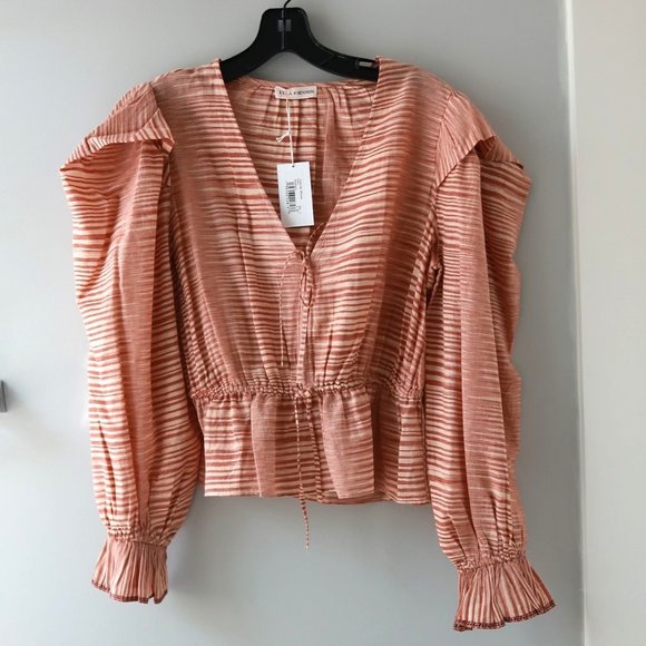 Ulla Johnson Ophelia striped cotton-voile peplum Blouse in Fawn beige Size 4 NWT - Picture 1 of 8